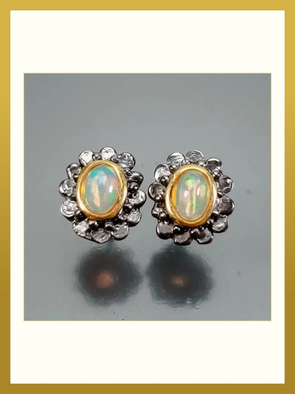 EARRING Natural Opal 925 Black Rhodium Plated